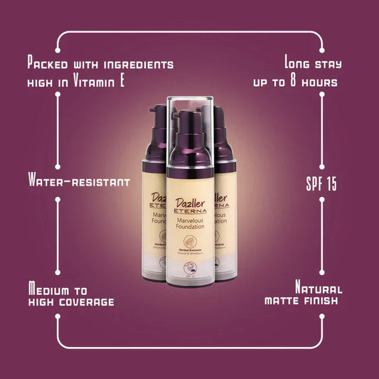 Dazzler Eterna Marvelous Foundation In Range of (MarbleMF),(BruleeMF),(CreamMF),(CoffeeMF),(NaturalMF),(BiscottiMF)