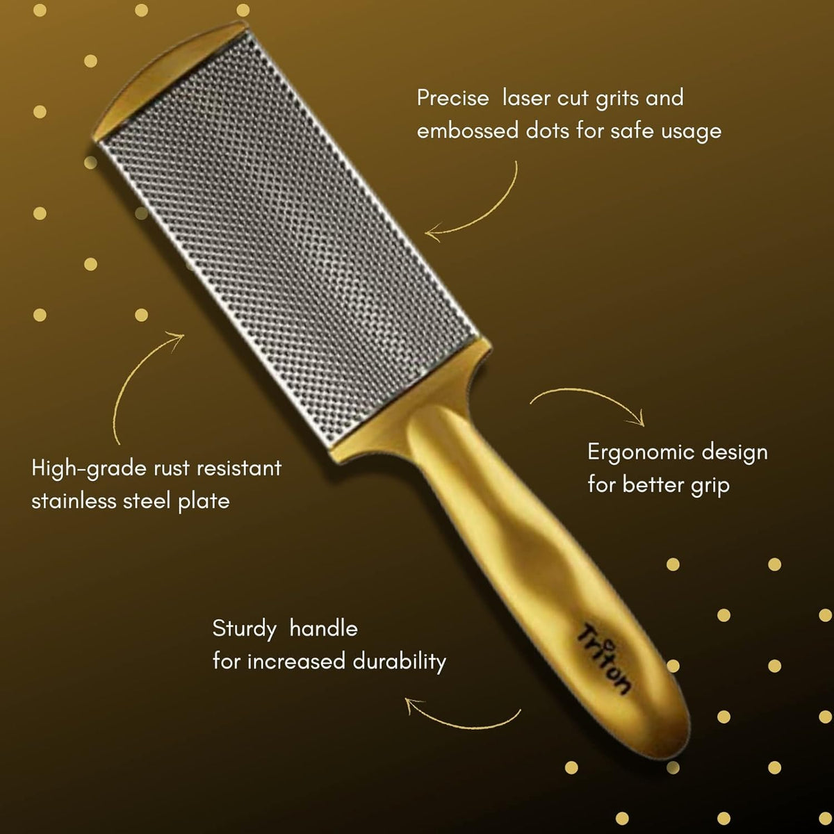 TRITON Professional Dual Sided Foot Scraper for Pedicure Filer with Steel n Emery Pad, Hard n Dead Skin Removing Callus Remover Foot Scrubber_Golden