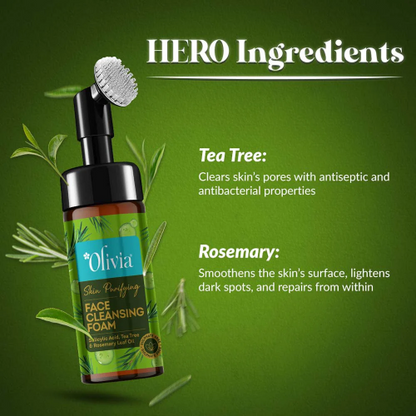 Olivia Skin Purifying Face Cleansing Foam with Salisylic Acid, Tea Tree, & Rosemarry Leaf Oil