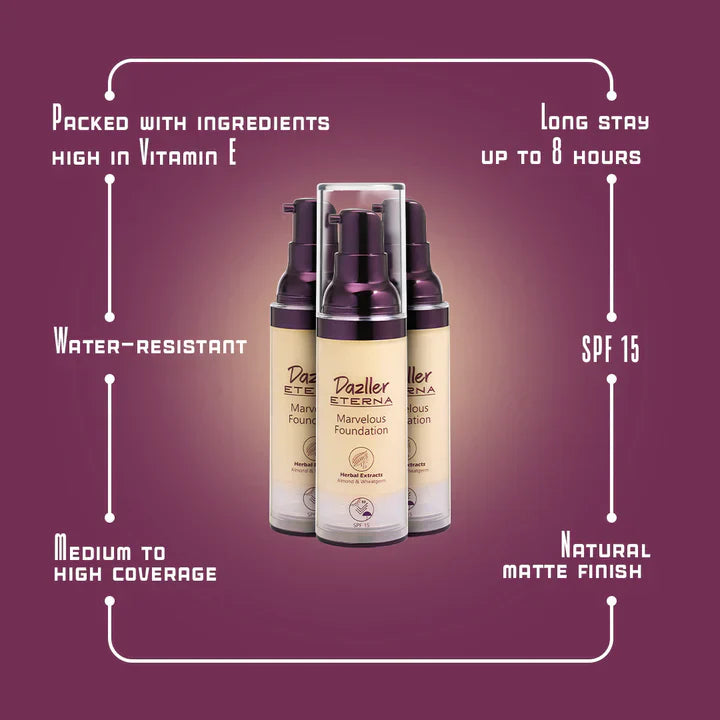 Dazzler Eterna Marvelous Foundation In Range of  (MarbleMF),(BruleeMF),(CreamMF),(CoffeeMF),(NaturalMF),(BiscottiMF)