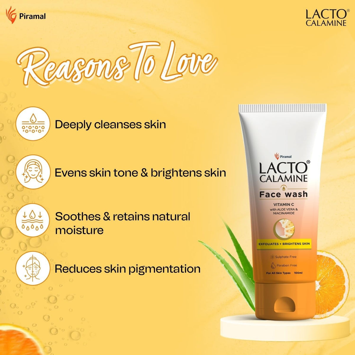 Lacto Calamine Vitamin C Face Wash - 100ml | Aloe Vera & Niacinamide for Glowing Skin