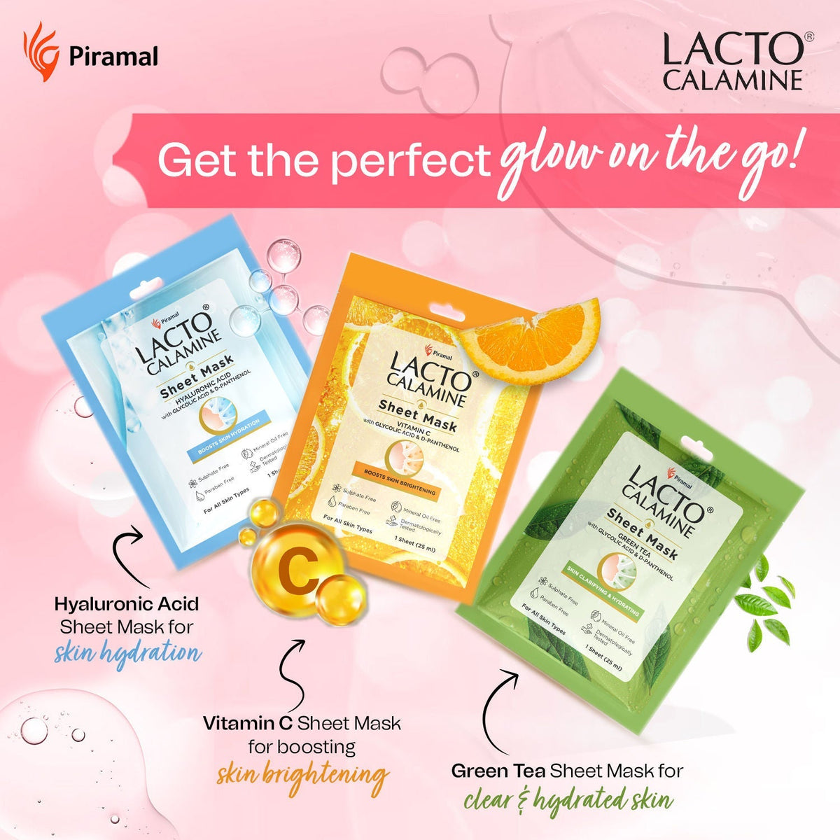 Lacto Calamine Vitamin C Face Sheet Mask with Antioxidants | Nourishing, Brightening & Glowing Skin | 25ml (Buy 1 Get 1 Free)