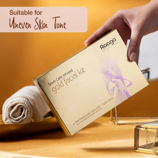 Raaga Professional Stem Cells Infused Gold Facial Kit – 6 Step Advanced Brightening Facial with Colloidal Gold & Red Flash Grape Stem Cells | Reduces Pigmentation & Boosts Radiance – 61 gm