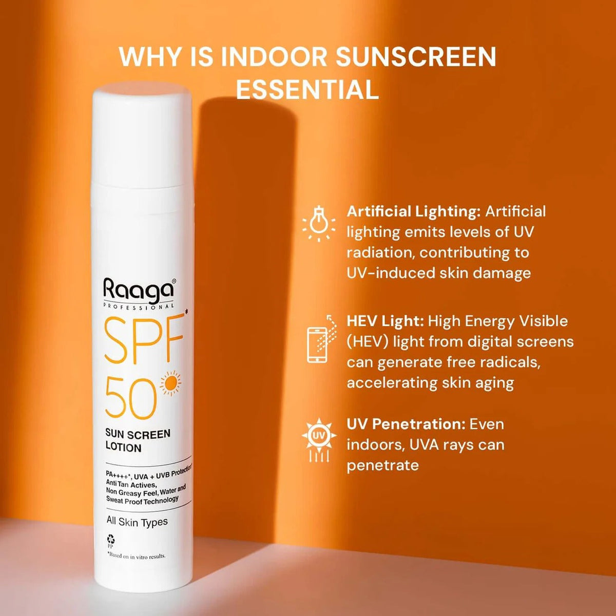 Raaga Professional SPF 50 Sunscreen Lotion | PA++++ | UVA + UVB Protection | Anti-Tan | Non-Greasy | Water & Sweat Proof | For All Skin Types – 55 ml