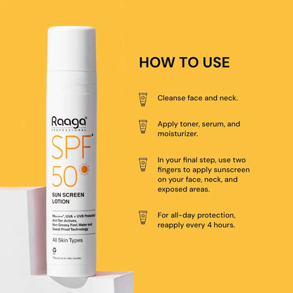 Raaga Professional SPF 50 Sunscreen Lotion | PA++++ | UVA + UVB Protection | Anti-Tan | Non-Greasy | Water & Sweat Proof | For All Skin Types – 55 ml
